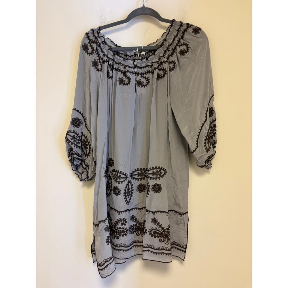 Blue Tassel Grey 100% Silk Embroidered Tunic Top XL NWT